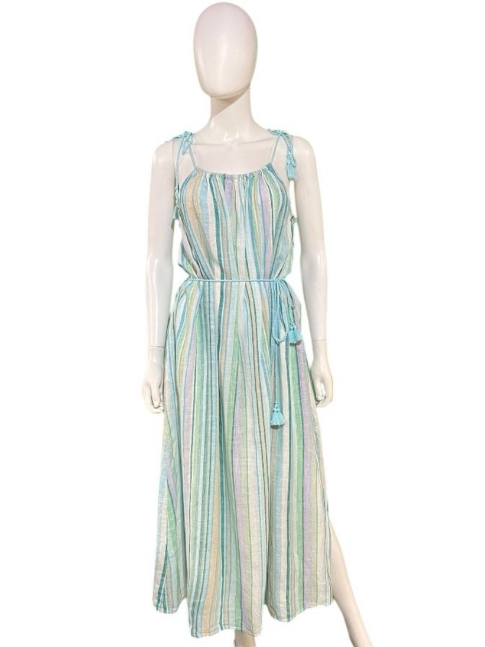 Striped Mint & White Tie-Shoulder Maxi Dress size L - Picture 11 of 13